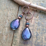Purple Blue Glass Teardrop Dangle Earrings, Copper and Czech Glass Jewelry,  Drop Earrings