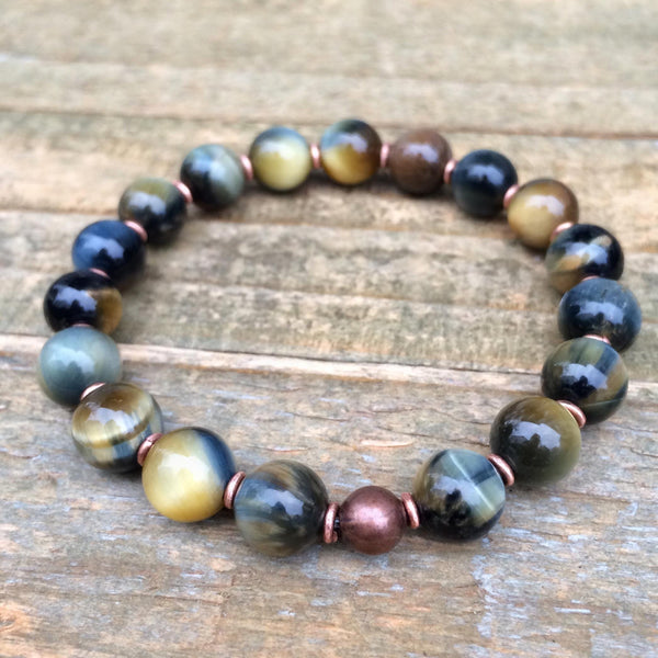 yellow and blue tigers eye stretch bracelet