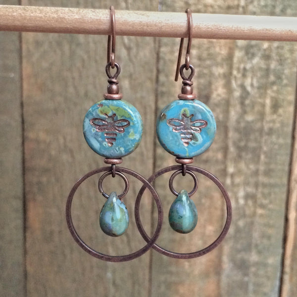 bee pollinator blue dangle earrings