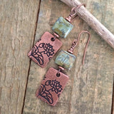 Green Lotus and Copper Dangle Earrings, Czech Glass Lotus Yoga Jewelry