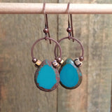 Boho Turquoise Czech Glass Teardrop Earrings, Antiqued Copper Colorful Dangles