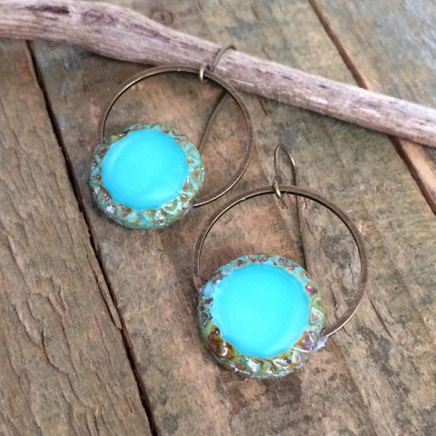 Teal Czech Glass and Dangle Earrings, Small Brass Hoop Earrings