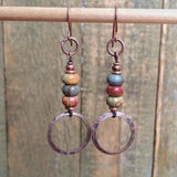 Boho Jasper Dangle Copper Earrings, Small Drop Colorful Bohemian Earrings, Natural Red Creek Jasper Jewelry