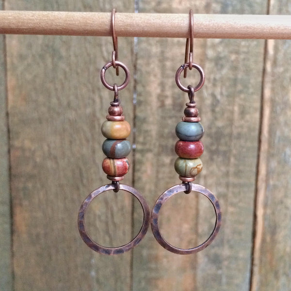 Boho Jasper Dangle Copper Earrings, Small Drop Colorful Bohemian Earrings, Natural Red Creek Jasper Jewelry