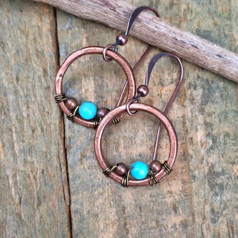 Copper & Turquoise Earrings, Small Turquoise Earrings, Copper Hoop Earrings, Hammered Copper Jewelry