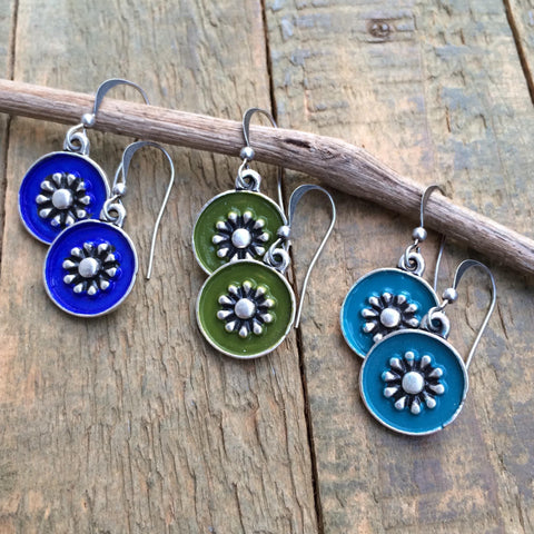 Silver Boho Colorful Dangle Earrings, Small Everyday Bohemian Jewelry