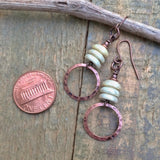 Beige Ivory Czech Glass Earrings with Hammered Copper Dangles