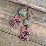 Green Lotus and Copper Dangle Earrings, Czech Glass Lotus Yoga Jewelry