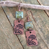 Green Lotus and Copper Dangle Earrings, Czech Glass Lotus Yoga Jewelry