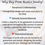 The image is a promotional text for a jewelry store called Rustica Jewelry, highlighting their exceptional craftsmanship, ethically sourced materials, personalized service, and the happiness of working with them.