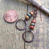 Boho Jasper Dangle Copper Earrings, Small Drop Colorful Bohemian Earrings, Natural Red Creek Jasper Jewelry