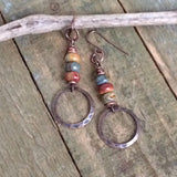 Boho Jasper Dangle Copper Earrings, Small Drop Colorful Bohemian Earrings, Natural Red Creek Jasper Jewelry