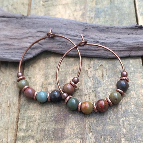 small colorful jasper and copper hoop earrings