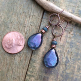 Purple Blue Glass Teardrop Dangle Earrings, Copper and Czech Glass Jewelry,  Drop Earrings