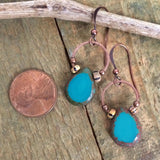 Boho Turquoise Czech Glass Teardrop Earrings, Antiqued Copper Colorful Dangles