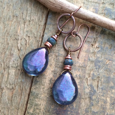 blue purple glass teardrop dangle earrings