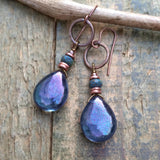 Purple Blue Glass Teardrop Dangle Earrings, Copper and Czech Glass Jewelry,  Drop Earrings