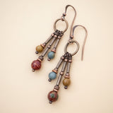 Colorful Red Creek Jasper Dangle Chandelier Copper Earrings, Colorful Stone Beaded Jewelry