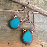 Boho Turquoise Czech Glass Teardrop Earrings, Antiqued Copper Colorful Dangles