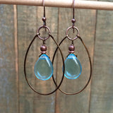 Ice Blue Teardrop and Hammered Copper Hoop Earrings, Czech Glass Drop Earrings