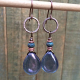 Purple Blue Glass Teardrop Dangle Earrings, Copper and Czech Glass Jewelry,  Drop Earrings