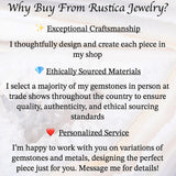 The image is a promotional text for a jewelry store called Rustica Jewelry, highlighting their exceptional craftsmanship, ethically sourced materials, personalized service, and the happiness of working with them.
