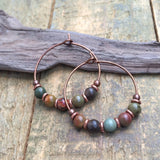 Small, Colorful Jasper Beaded Copper Hoop Earrings