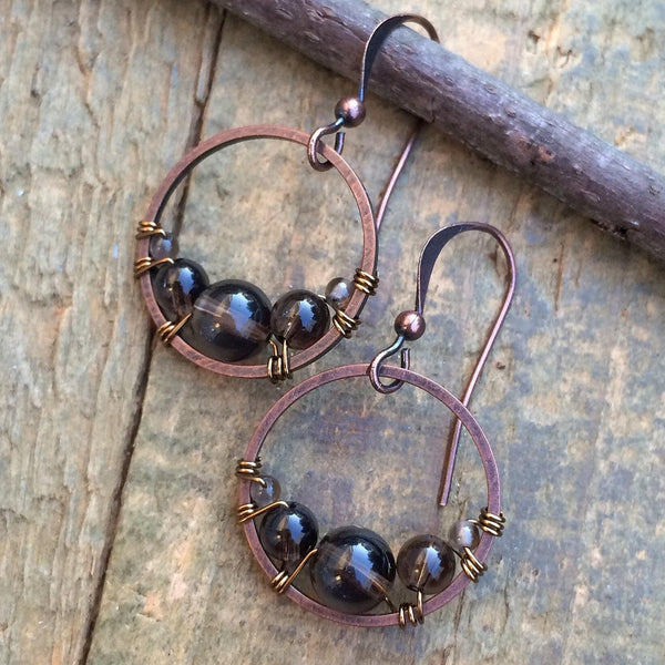small smoky quartz and copper hoop earrings