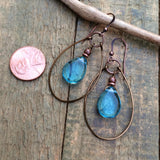 Ice Blue Teardrop and Hammered Copper Hoop Earrings, Czech Glass Drop Earrings