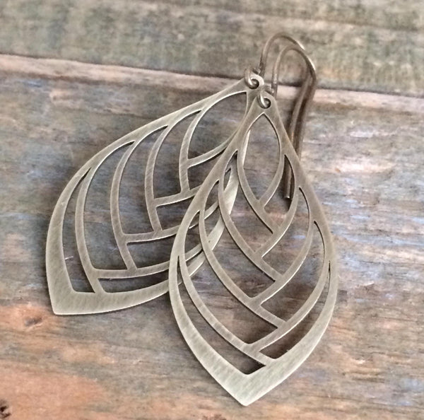 Antiqued Brass Leaf Dangle Earrings, Lightweight Dainty Brass Jewelry
