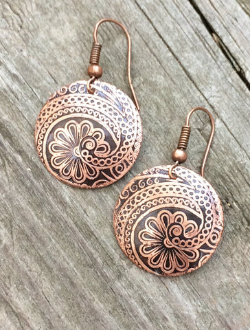 Etched Copper Earrings, Copper Jewelry, 7th Anniversary Gift, Unique Gift Jewelry, Copper Drop Earrings, Etched Copper Jewelry