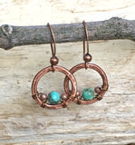 Copper & Turquoise Earrings, Small Turquoise Earrings, Copper Hoop Earrings, Hammered Copper Jewelry