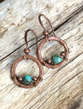 Copper & Turquoise Earrings, Small Turquoise Earrings, Copper Hoop Earrings, Hammered Copper Jewelry