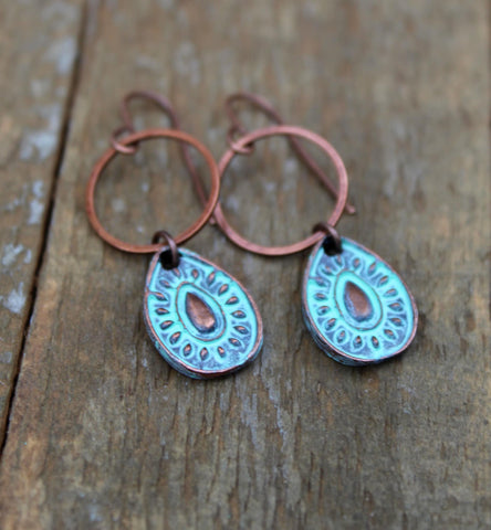 Patina Copper Earrings, Teardrop Copper Earrings, Small Boho Earrings, Patina Copper Jewelry, Teardrop Earrings