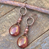 Rose Gold Teardrop Earrings, Copper Earrings, Valentines Day Gift for Her, Rose Gold Glass Jewelry, Bohemian Earrings, Bohemian Jewelry