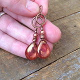 Rose Gold Teardrop Earrings, Copper Earrings, Valentines Day Gift for Her, Rose Gold Glass Jewelry, Bohemian Earrings, Bohemian Jewelry