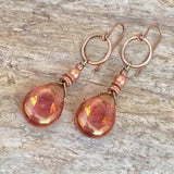 Rose Gold Teardrop Earrings, Copper Earrings, Valentines Day Gift for Her, Rose Gold Glass Jewelry, Bohemian Earrings, Bohemian Jewelry