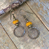 Yellow Glass Dangle Earrings, Small Lightweight Drop Earrings, Boho Glass Jewelry, Hammered Metal Earrings, Everyday Earrings