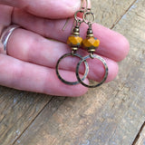 Yellow Glass Dangle Earrings, Small Lightweight Drop Earrings, Boho Glass Jewelry, Hammered Metal Earrings, Everyday Earrings