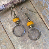 Yellow Glass Dangle Earrings, Small Lightweight Drop Earrings, Boho Glass Jewelry, Hammered Metal Earrings, Everyday Earrings