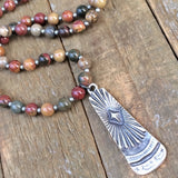 Long Beaded Jasper Necklace, Yoga Meditation Jewelry, Colorful Stone Necklace Set, Boho Jewelry, Silver Pendant Necklace