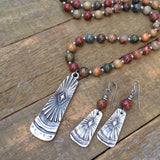 Long Beaded Jasper Necklace, Yoga Meditation Jewelry, Colorful Stone Necklace Set, Boho Jewelry, Silver Pendant Necklace