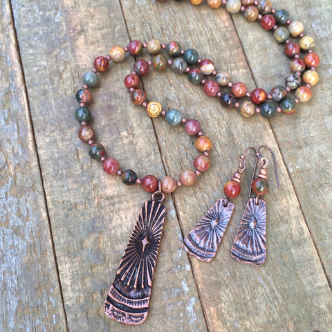 Long Boho Necklace, Colorful Stone Necklace Set, Red Creek Jasper Necklace, Long Bohemian Necklace, Jasper Jewelry, Jewelry Gift Set