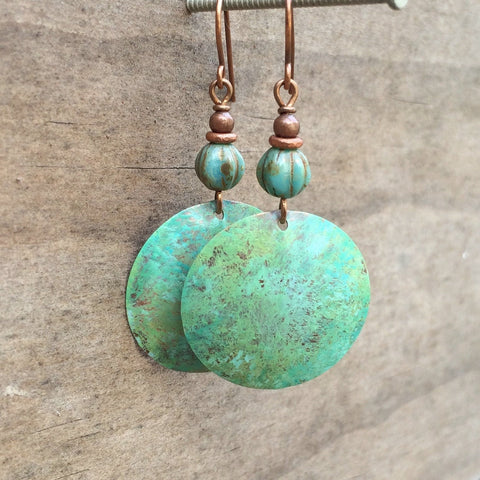 Patina Copper Earrings, Hammered Copper Earrings, Blue Green Patina Jewelry, Southwestern Jewelry, Copper Jewelry, Patina Dangle Earrings