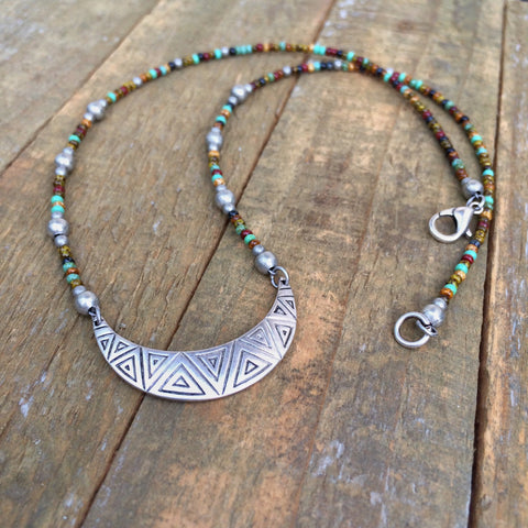 Colorful Beaded Necklace, Silver Crescent Pendant, Silver Layering Necklace, Stack Necklace, Bohemian Bead Jewelry, Geometric Silver Pendant