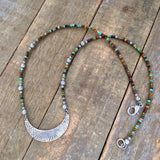 Colorful Beaded Necklace, Silver Crescent Pendant, Silver Layering Necklace, Stack Necklace, Bohemian Bead Jewelry, Geometric Silver Pendant