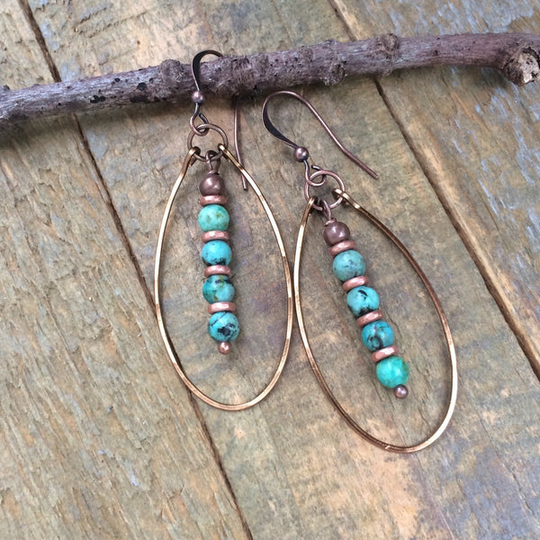 Turquoise Dangle Earrings, African Turquoise Earrings, Turquoise Jewelry Drop Earrings, Copper Hoop Earrings, Copper Jewelry