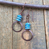 Bohemian Blue Earrings, Earthy Copper Earrings, Artsy Copper Jewelry, Blue Jewelry, Copper Dangle Earrings, Blue Czech Glass Earrings