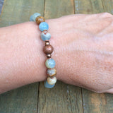 Blue Calcite Bracelet, Beaded Stone Stretch Bracelet, Unisex Calcite Bracelet, Blue Calcite and Copper Jewelry, Blue Beaded Jewelry
