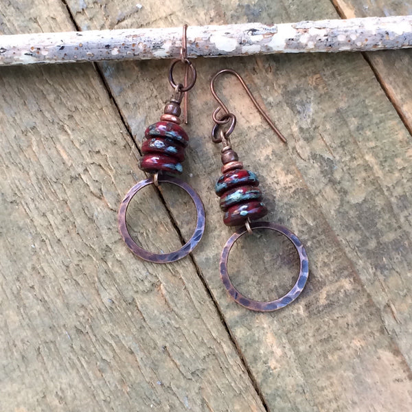 Bohemian Red Earrings, Earthy Copper Earrings, Copper Jewelry, Rustic Red Jewelry, Copper Dangle Earrings, Picasso Red Czech Glass Earrings